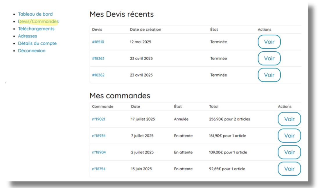 1. Mes devis et commandes Aperçu interface client : Mes devis et commandes