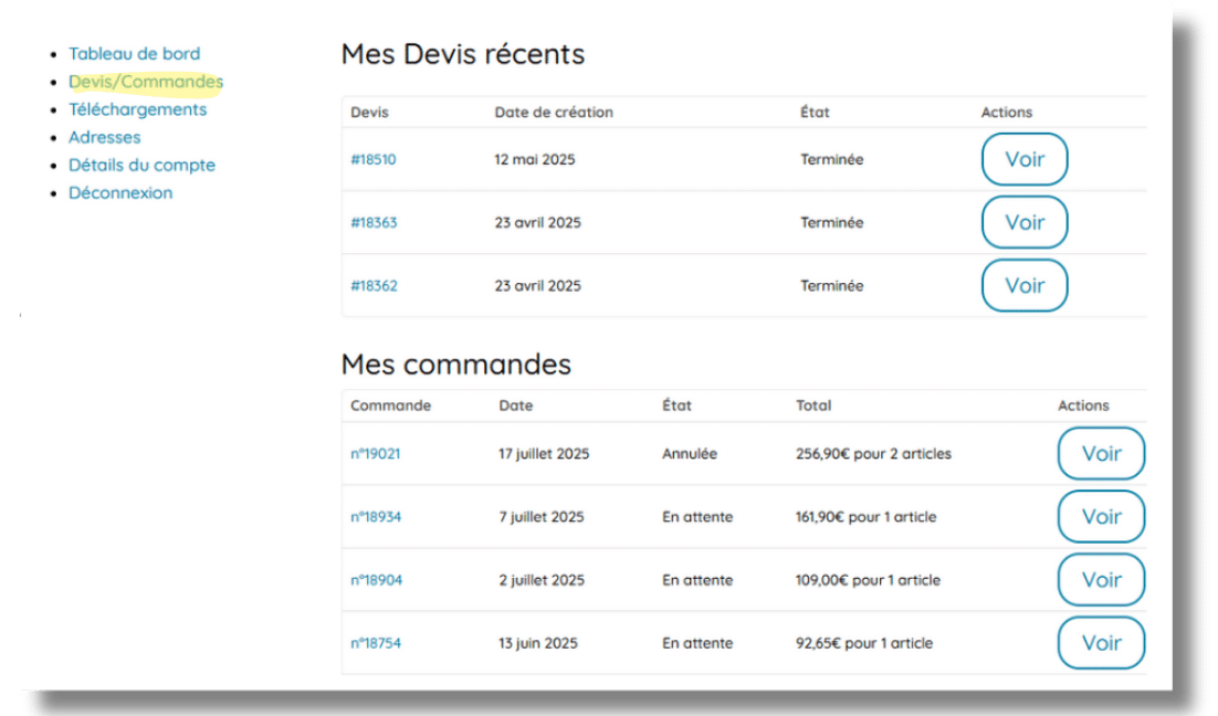 Aperçu interface client :  Mes devis et commandes